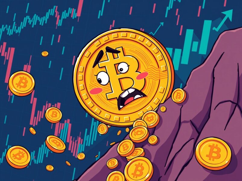 Bitcoin price crash showing digital coin falling below critical support level on market chart