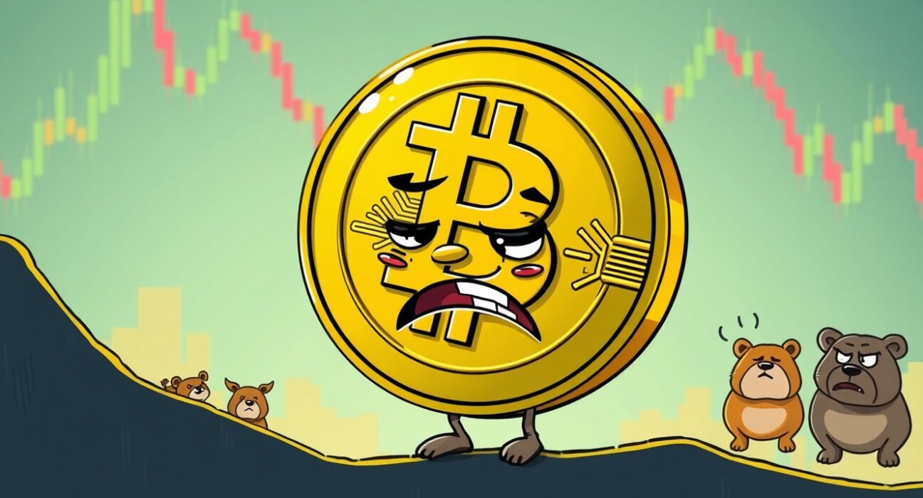A cartoon Bitcoin coin sliding down a graph as the Bitcoin price drops below a key level.
