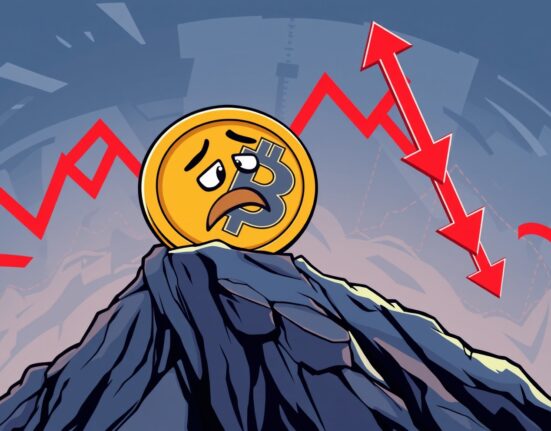 A cartoon Bitcoin coin tumbling down a chart, illustrating the sudden Bitcoin price drop.