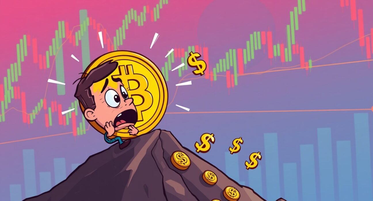 Bitcoin price decline shown through cartoon cryptocurrency rollercoaster drop