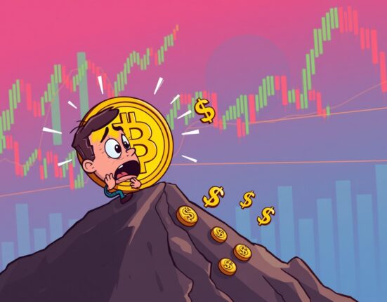 Bitcoin price dropping dramatically in cartoon financial market scene