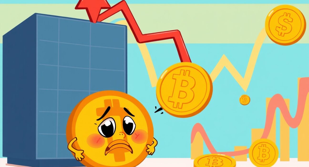 Animated Bitcoin character reacts to a sharp drop in the BTC price on a market chart.