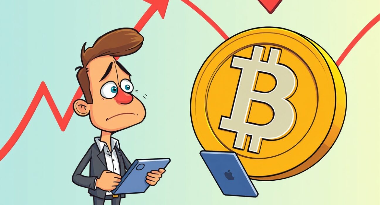Cartoon illustration of Bitcoin price decline showing concerned investor analyzing market drop