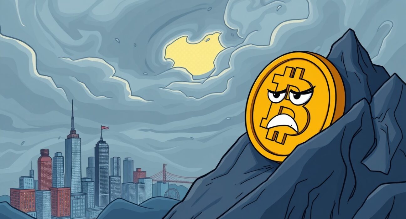 A cartoon Bitcoin coin sliding down a mountain, symbolizing the sudden Bitcoin price drop.