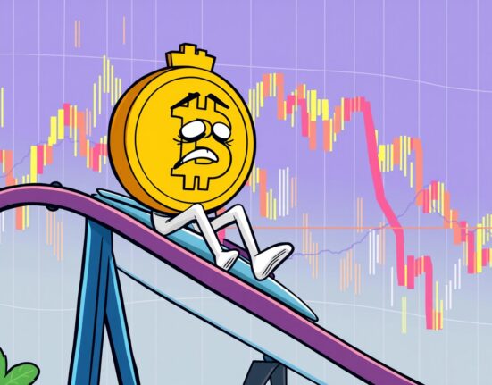 Bitcoin price rollercoaster dropping in vibrant cartoon cryptocurrency market illustration