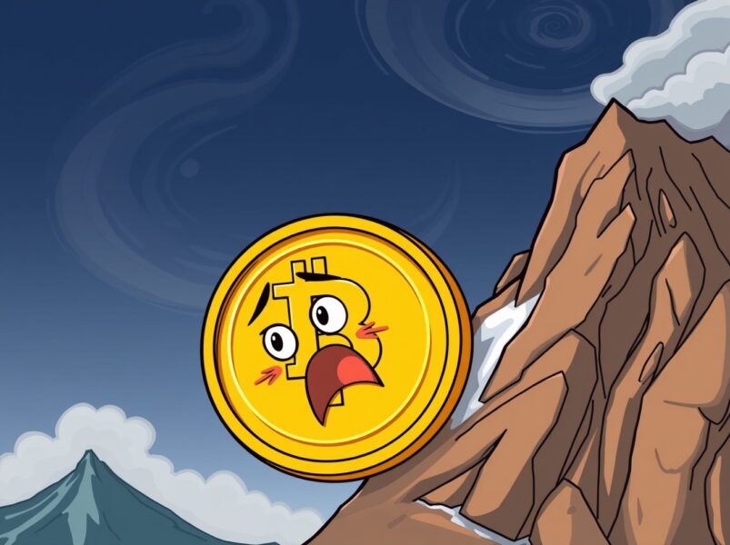 Bitcoin price dropping below critical support level in cartoon cryptocurrency market illustration