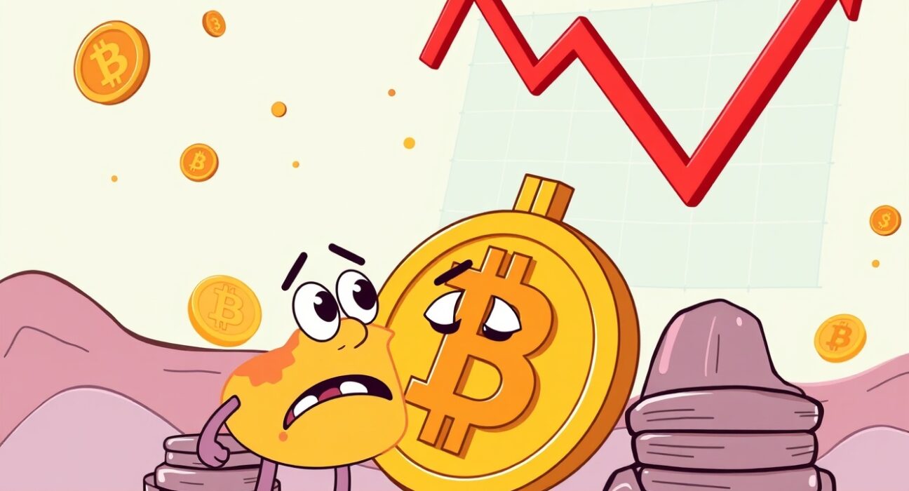 A cartoon Bitcoin character reacts to a sharp drop in the Bitcoin price on a market chart.
