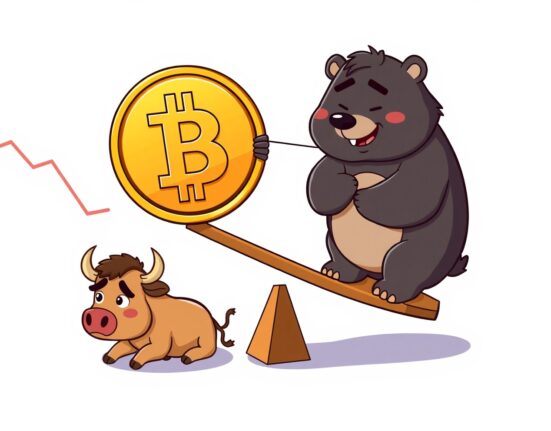 A cartoon illustration showing the Bitcoin price dropping on a market chart.