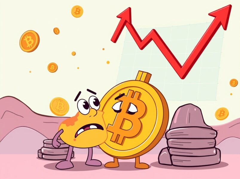 Bitcoin price dropping dramatically in cartoon cryptocurrency market illustration