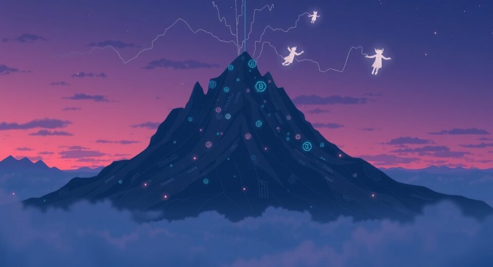 Bitcoin price volatility represented as a digital mountain in a changing blockchain landscape