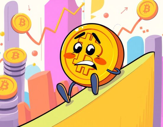 Cartoon illustration of Bitcoin price dropping below $92,000 on a vibrant market chart