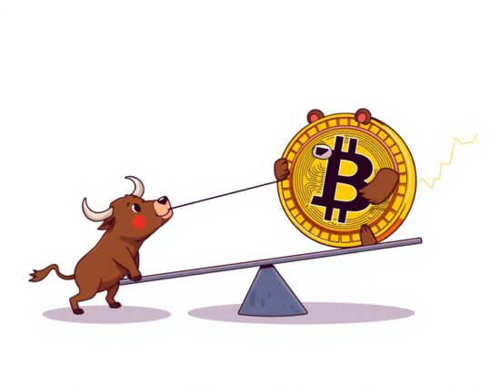 Cartoon illustration of the Bitcoin price volatility represented by a bull and bear on a seesaw.