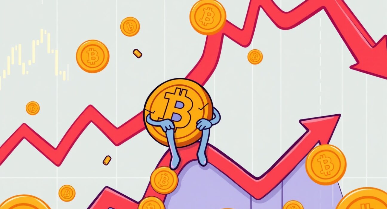 Bitcoin price rollercoaster showing cryptocurrency market volatility with falling charts