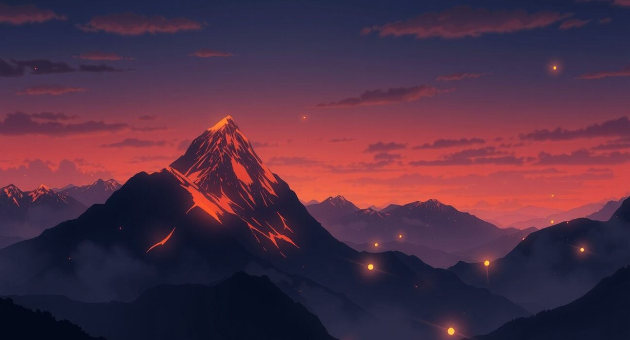 Bitcoin price decline visualized as digital mountains in twilight with falling data streams representing market movement
