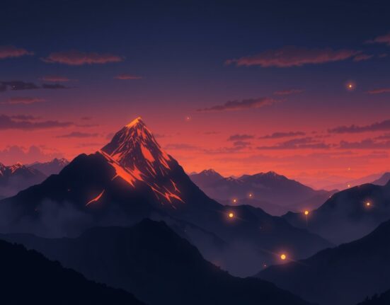 Bitcoin price decline visualized as digital mountains in twilight with falling data streams representing market movement