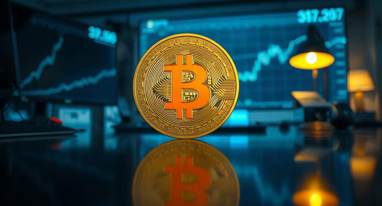 Bitcoin coin near a chart line on a dark desk, symbolizing price analysis ahead of FOMC minutes
