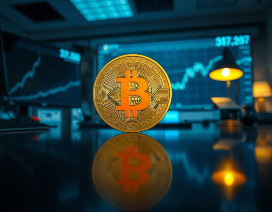 Bitcoin coin near a chart line on a dark desk, symbolizing price analysis ahead of FOMC minutes
