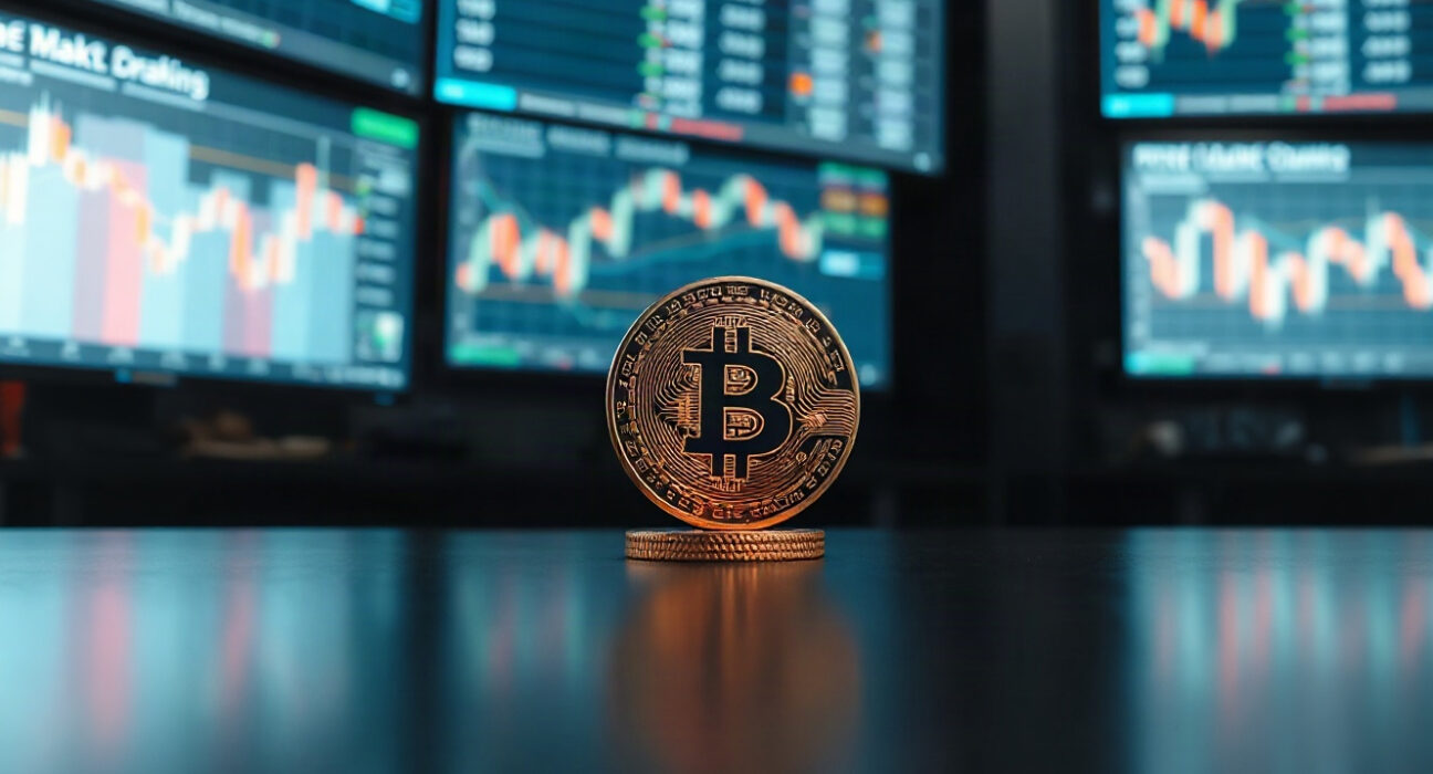 Bitcoin coin on a trading desk with market charts in the background, symbolizing price gains above $71,000.