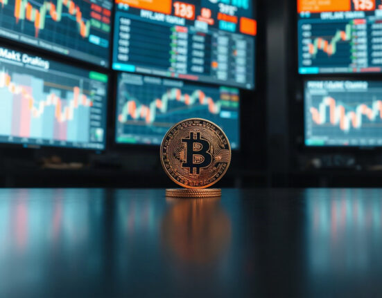 Bitcoin coin on a trading desk with market charts in the background, symbolizing price gains above $71,000.