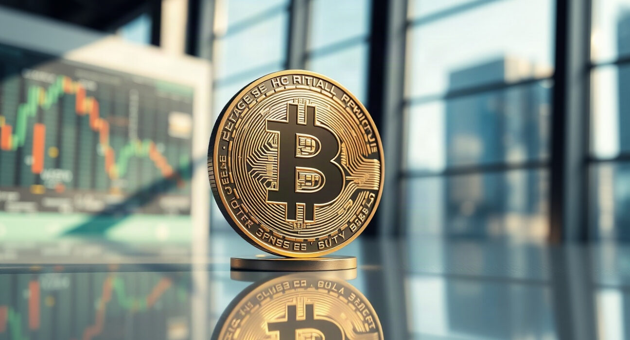 Bitcoin coin on reflective surface with stock charts in background, symbolizing market growth
