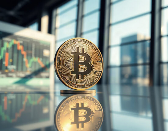Bitcoin coin on reflective surface with stock charts in background, symbolizing market growth