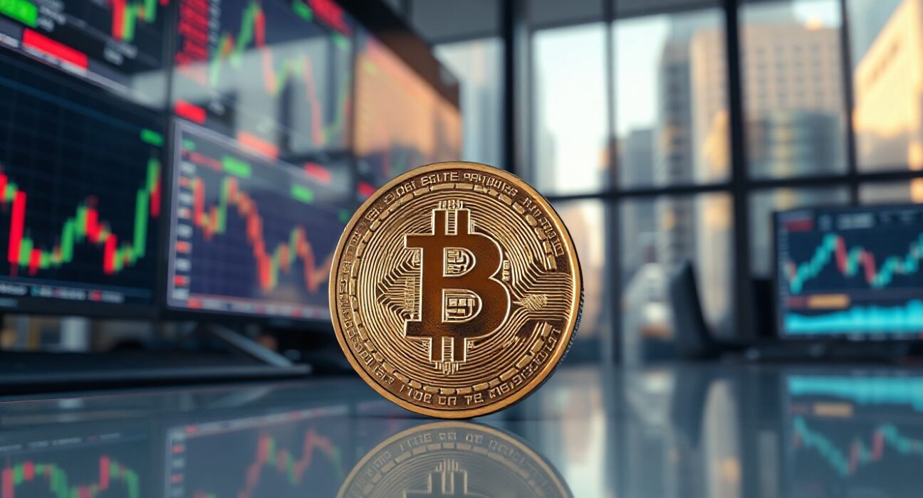 Bitcoin coin in foreground with market charts in background, illustrating price analysis