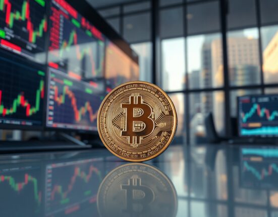 Bitcoin coin in foreground with market charts in background, illustrating price analysis