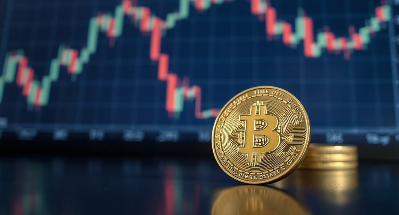 Bitcoin coin in focus with a blurred financial chart in the background