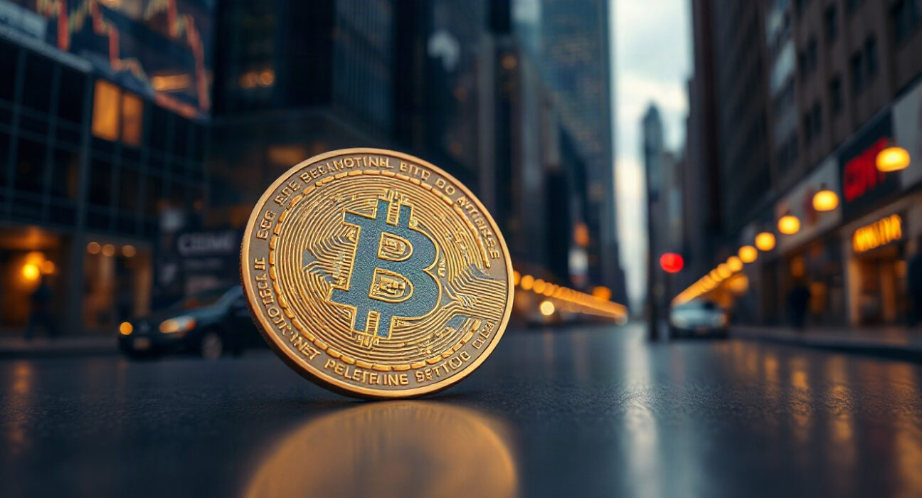 Bitcoin coin on reflective surface with stock market chart background
