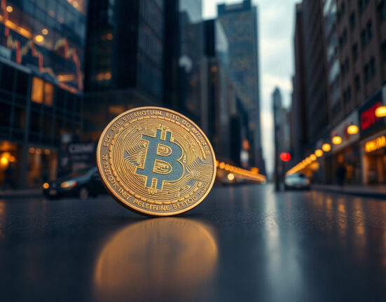 Bitcoin coin on reflective surface with stock market chart background