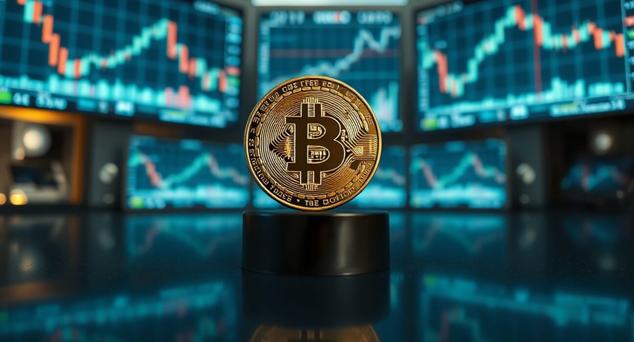 Bitcoin coin on a reflective surface with trading charts in the background, symbolizing market volatility.