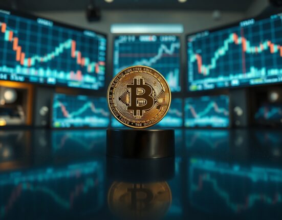 Bitcoin coin on a reflective surface with trading charts in the background, symbolizing market volatility.