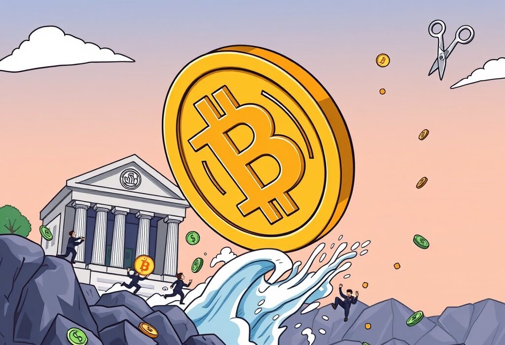 A cartoon illustration showing a Bitcoin coin rising, symbolizing potential Bitcoin price gains driven by institutional demand and Fed rate cuts.