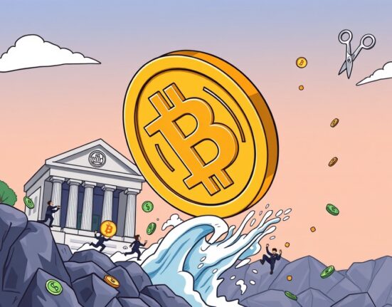 A cartoon illustration showing a Bitcoin coin rising, symbolizing potential Bitcoin price gains driven by institutional demand and Fed rate cuts.