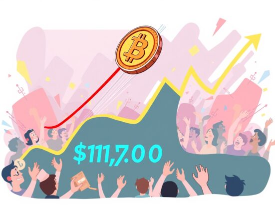 A vibrant cartoon shows Bitcoin price surging past a $117,000 milestone, indicating strong market performance.