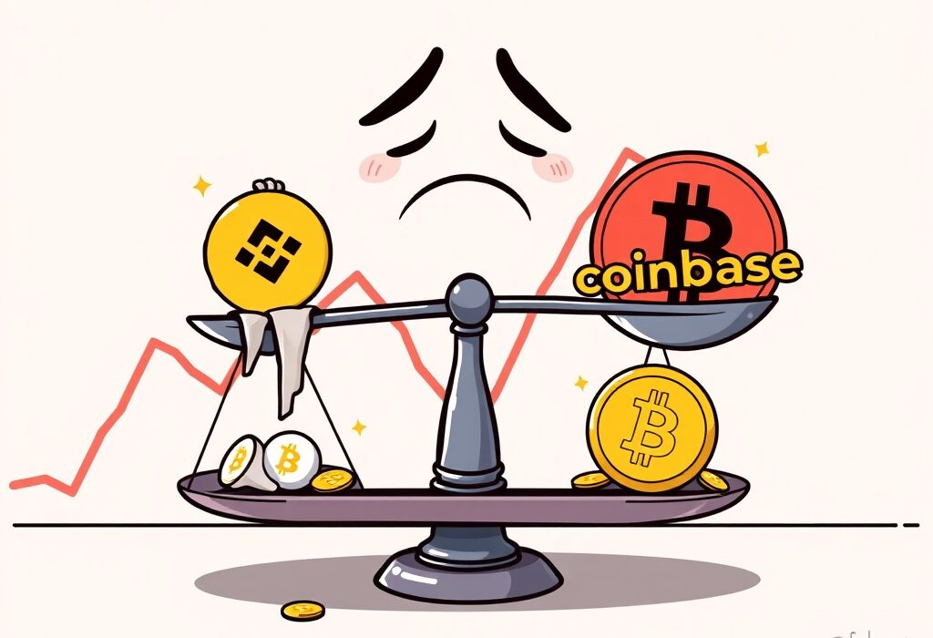A cartoon illustration depicting a crucial shift in Bitcoin price dynamics, with market indicators turning negative.