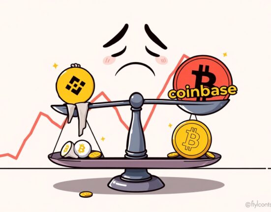 A cartoon illustration depicting a crucial shift in Bitcoin price dynamics, with market indicators turning negative.