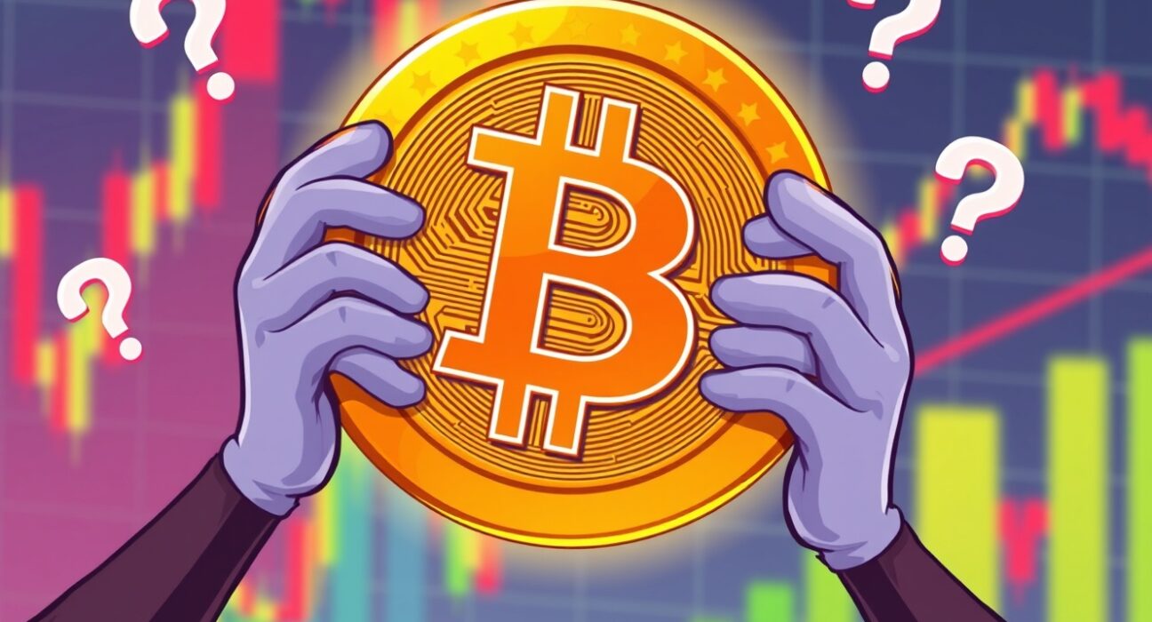 Bitcoin price being supported by mysterious forces in financial market cartoon illustration