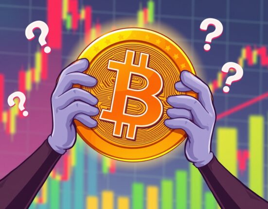 Bitcoin price being supported by mysterious forces in financial market cartoon illustration
