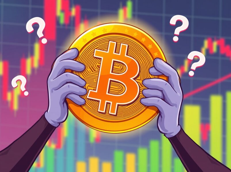 Bitcoin price being supported by mysterious forces in financial market cartoon illustration