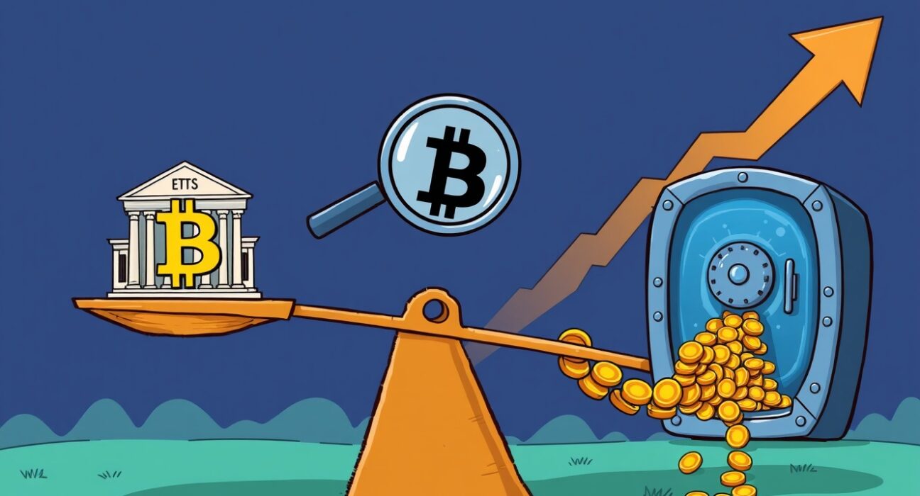A cartoon graphic illustrating key factors influencing Bitcoin price: Federal Reserve policy, market resistance levels, and Bitcoin ETF inflows.