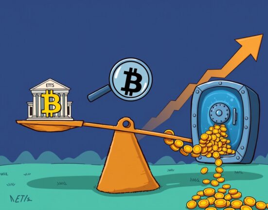 A cartoon graphic illustrating key factors influencing Bitcoin price: Federal Reserve policy, market resistance levels, and Bitcoin ETF inflows.