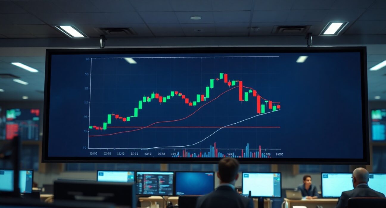 Bitcoin price chart on a trading floor display showing potential liquidation levels