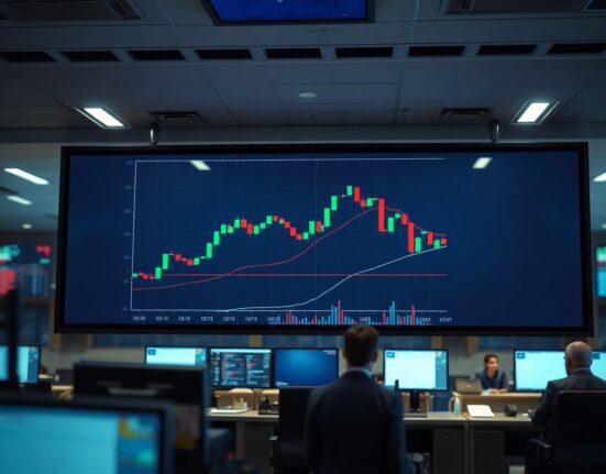 Bitcoin price chart on a trading floor display showing potential liquidation levels