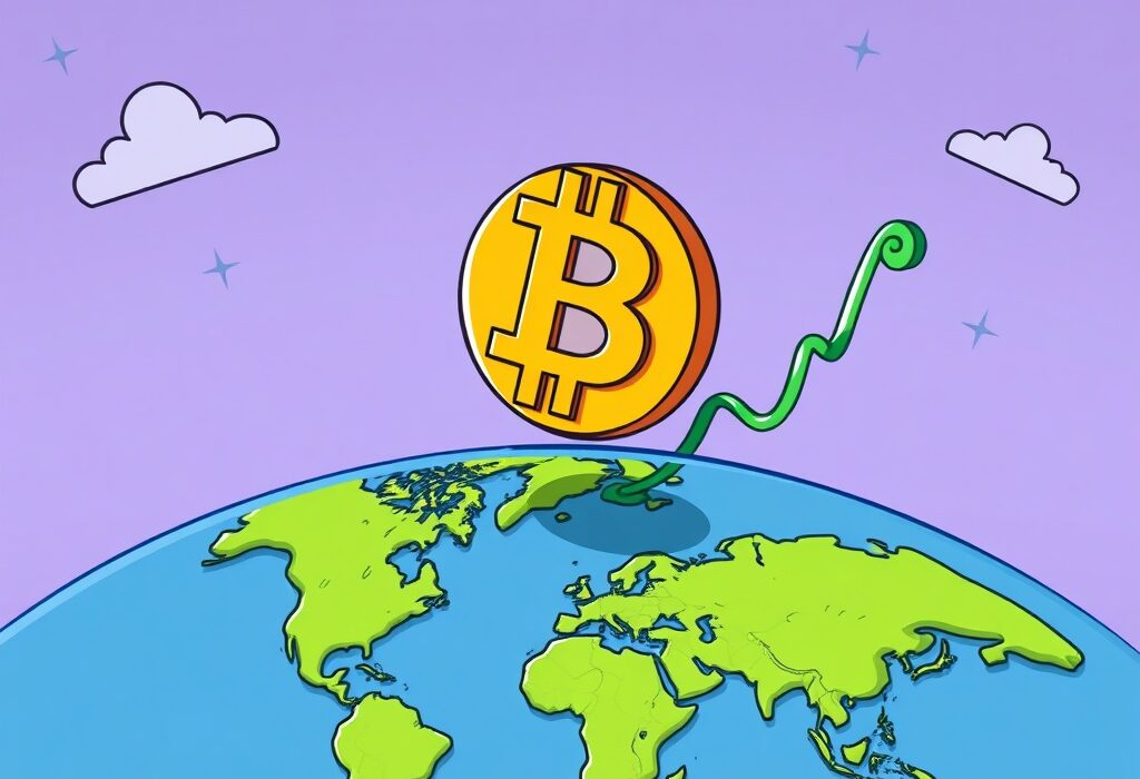 A cartoon illustration showing Bitcoin price in a holding pattern, anticipating a surge driven by global liquidity and M2 money supply, shaping the crypto market outlook.