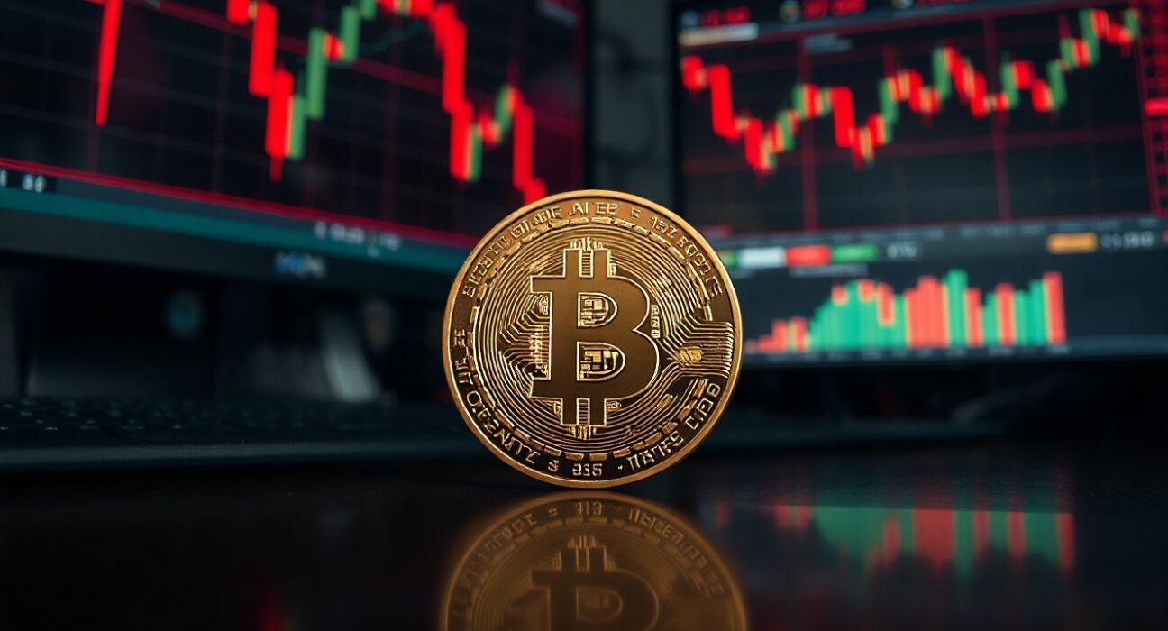 Bitcoin coin on reflective surface with monitors showing declining charts, symbolizing market capitulation