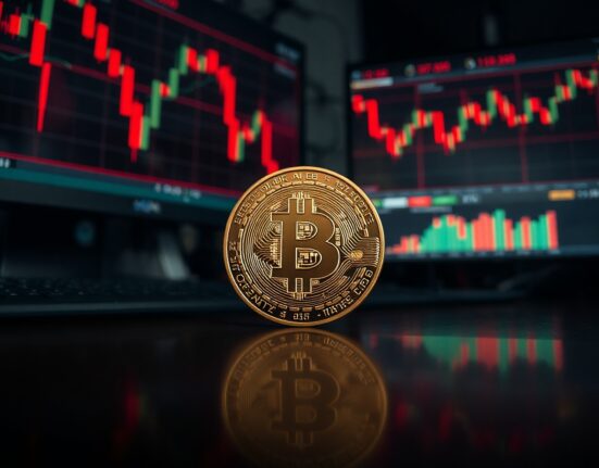 Bitcoin coin on reflective surface with monitors showing declining charts, symbolizing market capitulation