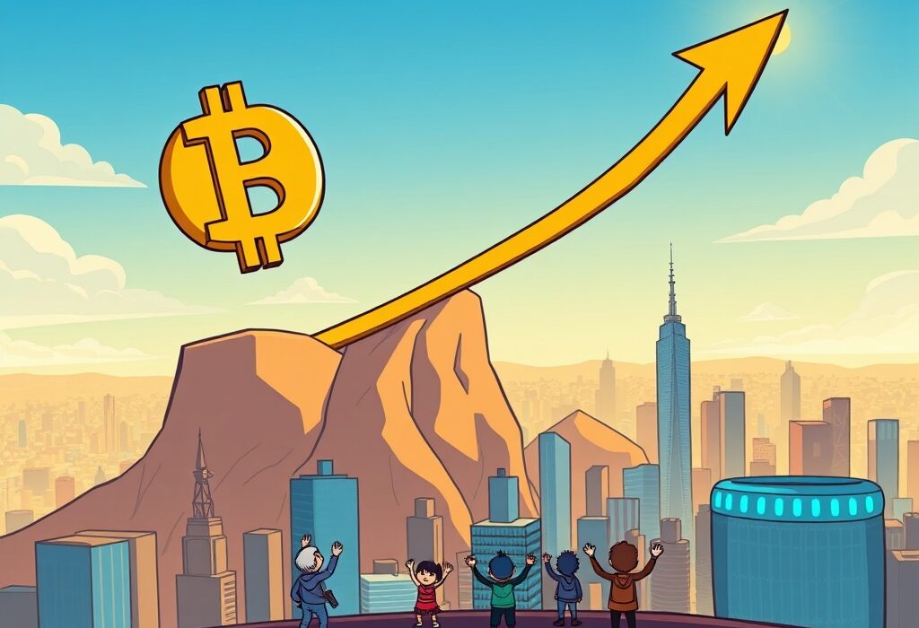 Cartoon illustration showing a rocket with a Bitcoin symbol launching past clouds, signifying the Bitcoin price reaching a new all-time high.