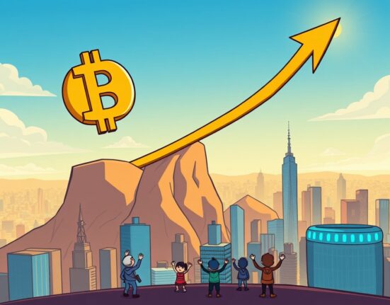 Cartoon illustration showing a rocket with a Bitcoin symbol launching past clouds, signifying the Bitcoin price reaching a new all-time high.