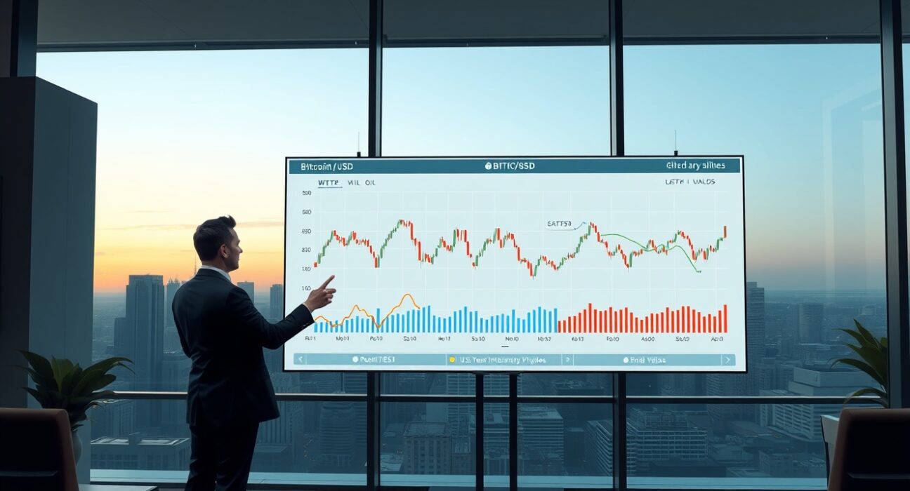 Financial analyst examines Bitcoin price correlation with oil and bond yield charts.